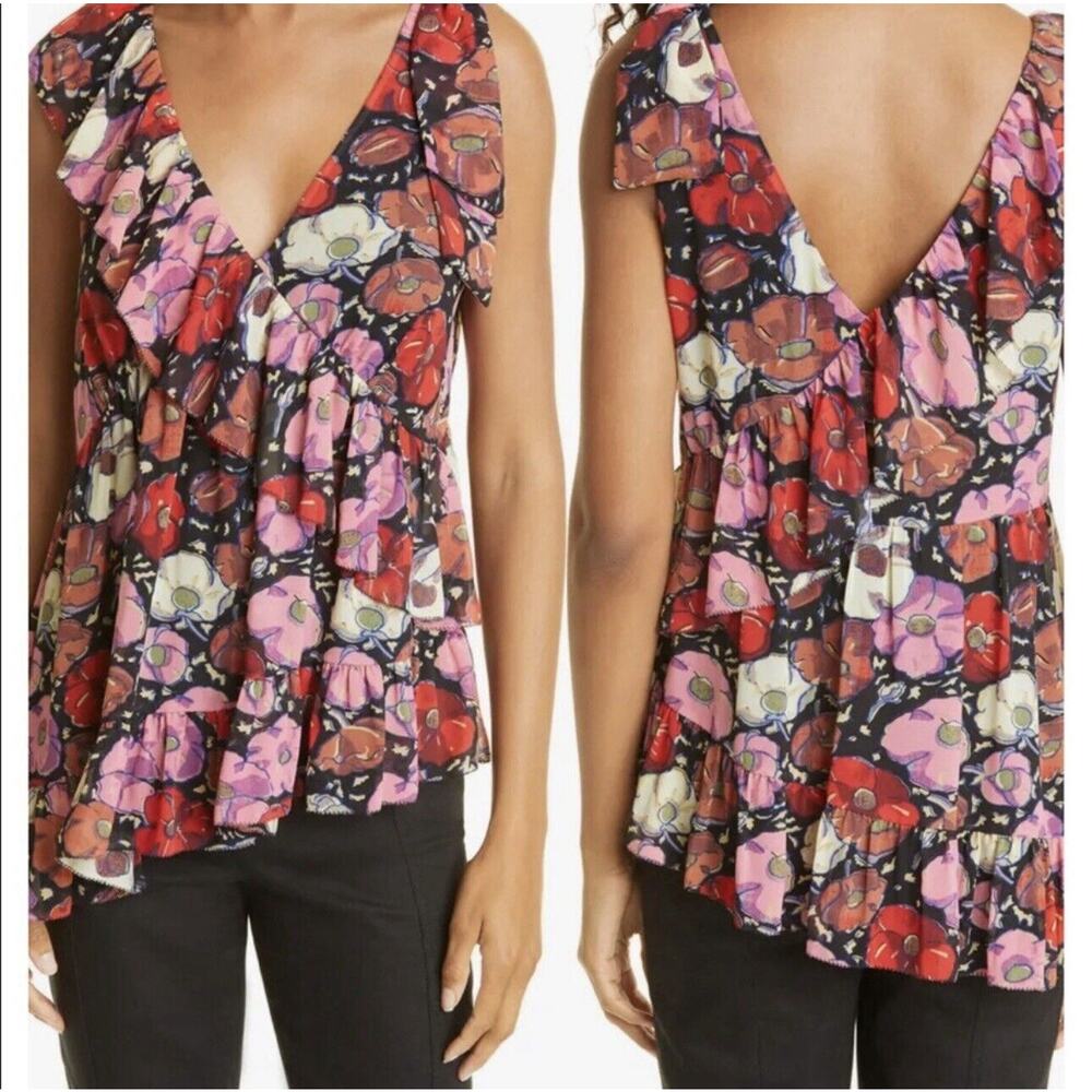 NWOT Cinq a Sept Womens Asymmetrical V Neck Naomi Top Small Ruffle Floral Tiered